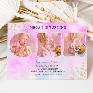 Rainbow gold glitter pastel 3 photos 1st birthday invitation