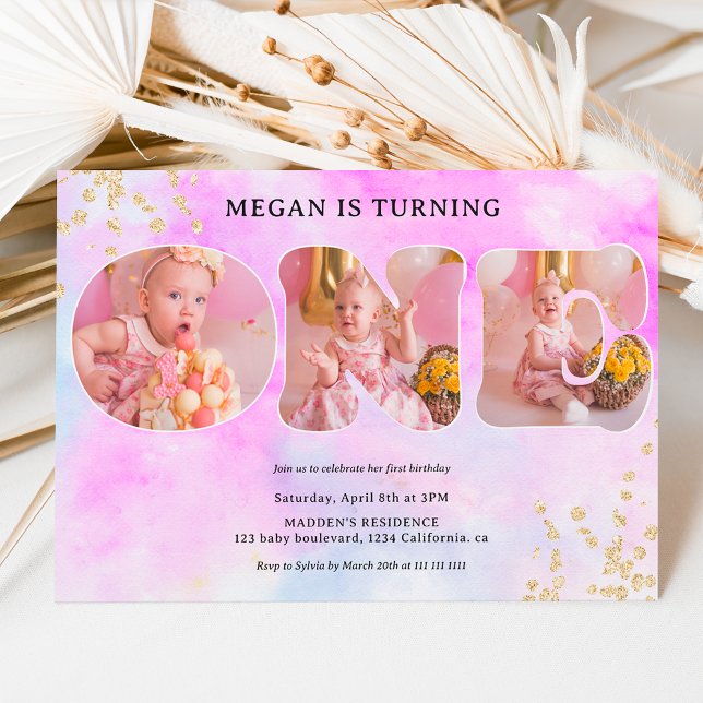 Rainbow gold glitter pastel 3 photos 1st birthday invitation (Creator Uploaded)