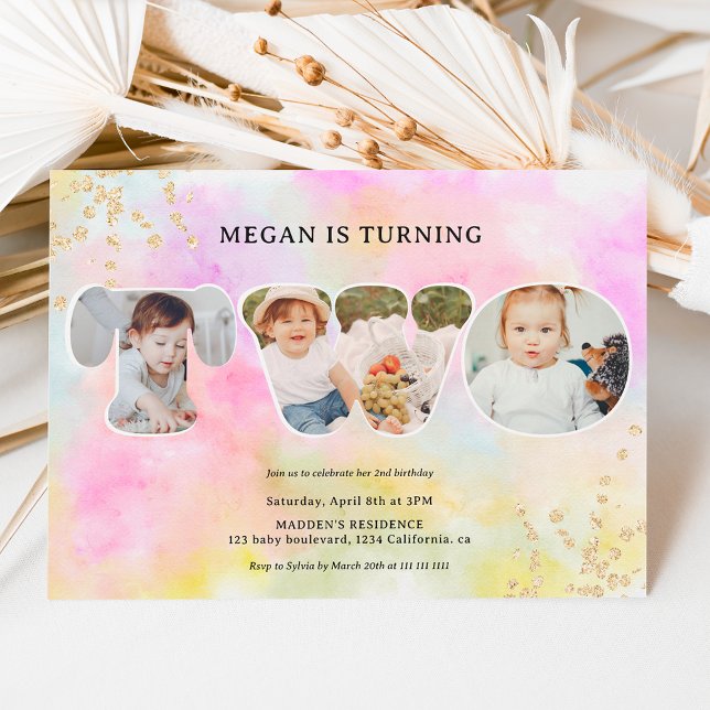 Rainbow gold glitter pastel 3 photos 2nd birthday invitation (Creator Uploaded)