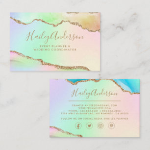 Rainbow & Gold Glitter Watercolor Gilded Agate Business Card