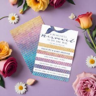 Rainbow + Gold Mermaid Scales & Stipe Baby Shower Invitation