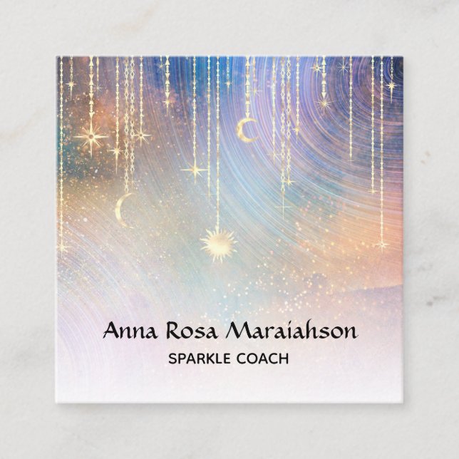*~* Rainbow Gold Sparkle Moon Sun Celestial Stars Square Business Card (Front)
