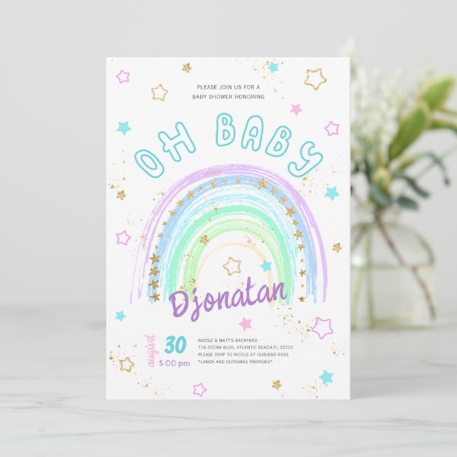 Rainbow Gold Stars Birthday Invitation (Standing Front)