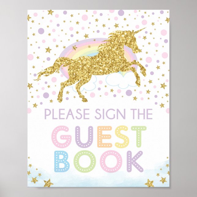 Rainbow Gold Unicorn Guest Book Birthday Sign (Front)