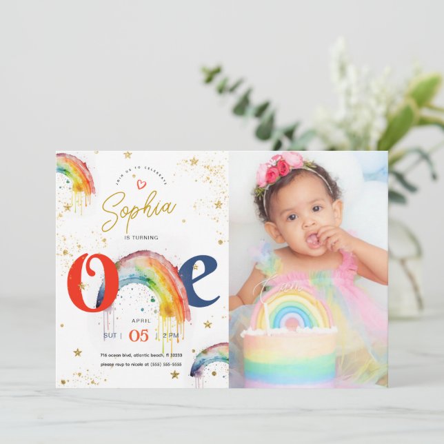 Rainbow Gold Watercolour 1st Birthday Invitation (Standing Front)