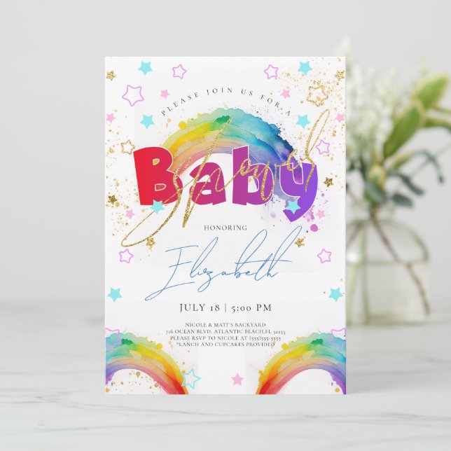 Rainbow Gold Watercolour Baby Shower Invitation (Standing Front)