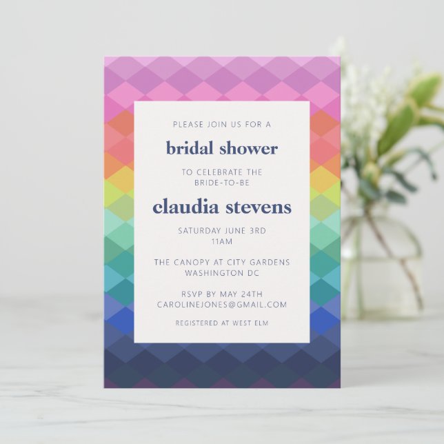 Rainbow Gradient Diamond Pattern Bridal Shower Invitation (Standing Front)