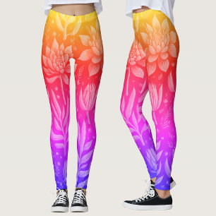 Rainbow Gradient Garden Succulents Floral Pattern  Leggings