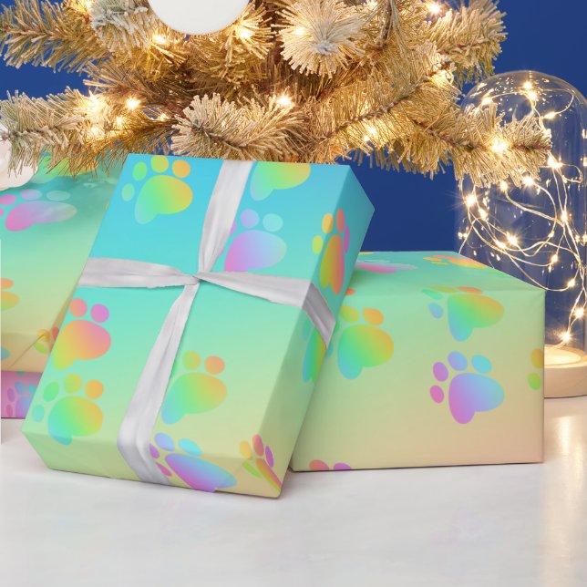 Rainbow Gradient Paw Prints Wrapping Paper (Holidays)