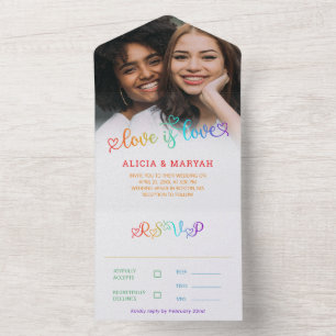Rainbow Gradient Script Love Is Love Wedding All In One Invitation