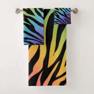 Rainbow Gradient Zebra Stripes Print on Black Bath Towel Set