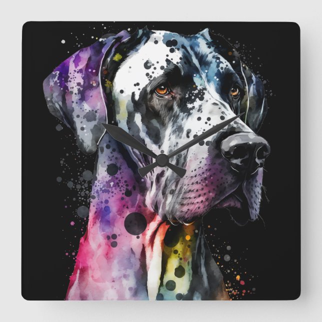 Rainbow Great Dane Watercolor Square Wall Clock (Front)