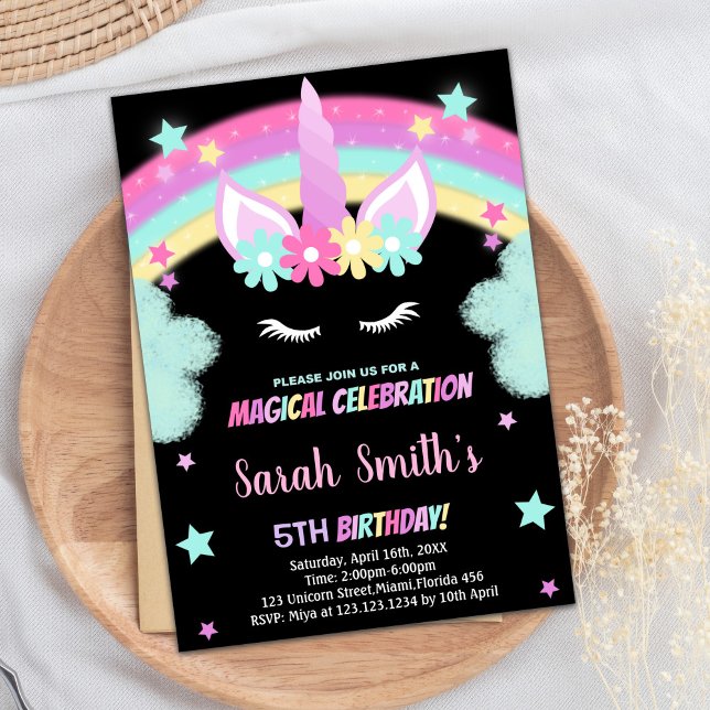 Rainbow Green Black Unicorn Birthday Invitations (Rainbow Green Black Unicorn Birthday Invitations)