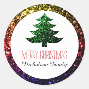 Rainbow + Green Christmas tree sparkles Gift Tag