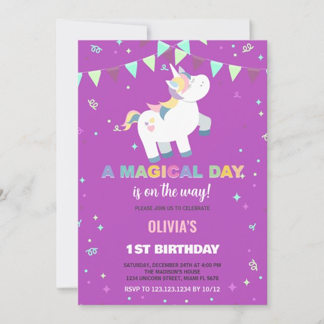 Rainbow Green Fly Unicorn Birthday Invitations (Front)