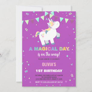 Rainbow Green Fly Unicorn Birthday Invitations
