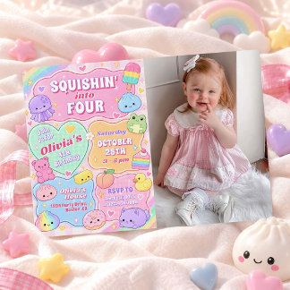 Rainbow Groovy Squishy Girl 4th Birthday Photo Invitation