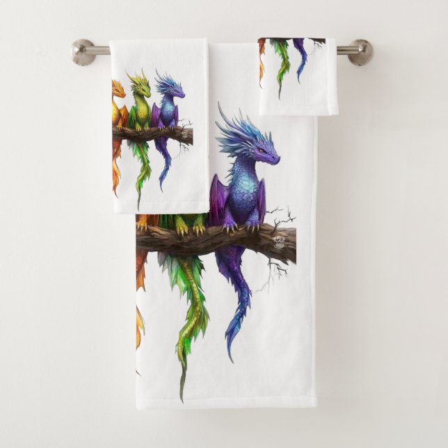 Rainbow Group of Baby Dragons Bath Towel Set (Insitu)
