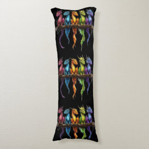 Rainbow Group of Baby Dragons on Black Body Cushion