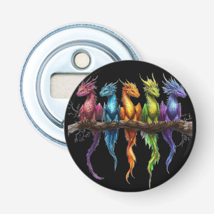 Rainbow Group of Baby Dragons on Black Bottle Opener
