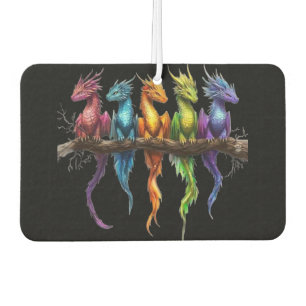 Rainbow Group of Baby Dragons on Black Car Air Freshener