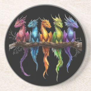 Rainbow Group of Baby Dragons on Black Coaster