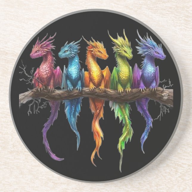 Rainbow Group of Baby Dragons on Black Coaster (Front)