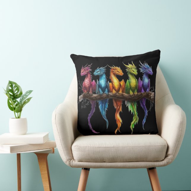 Rainbow Group of Baby Dragons on Black Cushion (Chair)