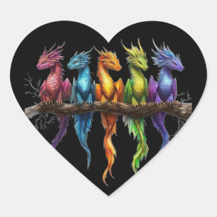 Rainbow Group of Baby Dragons on Black Heart Sticker