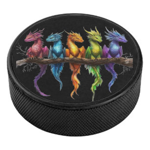 Rainbow Group of Baby Dragons on Black Hockey Puck