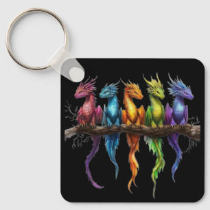 Rainbow Group of Baby Dragons on Black Key Ring