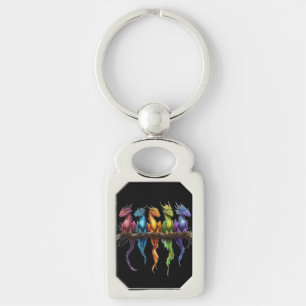 Rainbow Group of Baby Dragons on Black Key Ring