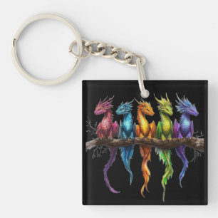 Rainbow Group of Baby Dragons on Black Key Ring