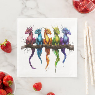 Rainbow Group of Baby Dragons on Black Napkin