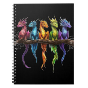 Rainbow Group of Baby Dragons on Black Notebook