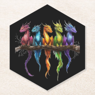 Rainbow Group of Baby Dragons on Black Paper Coaster