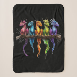 Rainbow Group of Baby Dragons on Black Sherpa Blanket