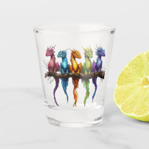 Rainbow Group of Baby Dragons on Black Shot Glass