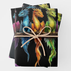 Rainbow Group of Baby Dragons on Black Wrapping Paper Sheet