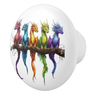 Rainbow Group of Baby Dragons on Ceramic Knob