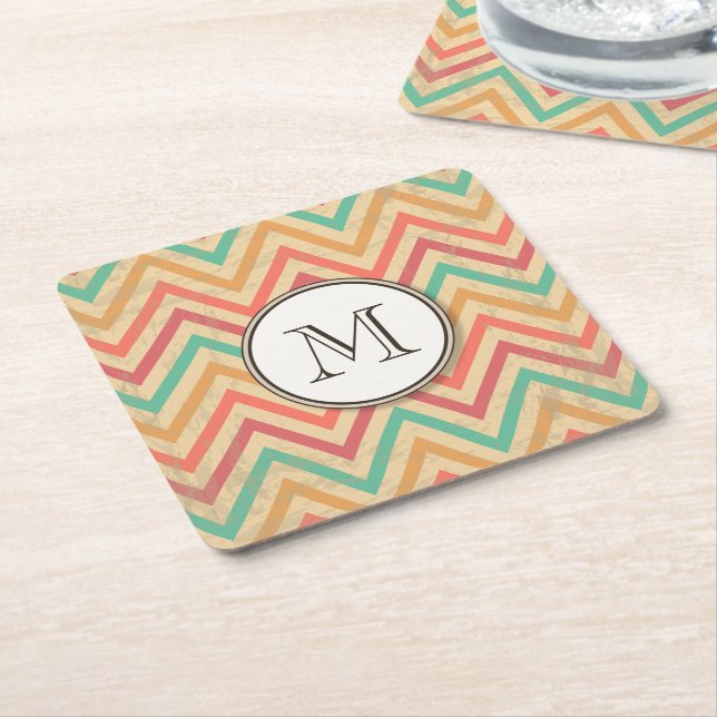 Rainbow Grunge Zigzag Chevron Stripes Square Paper Coaster (Angled)