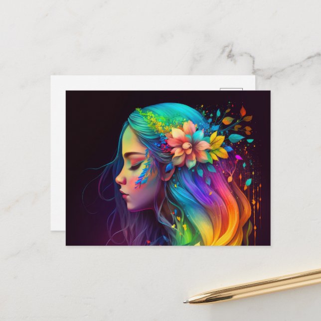 Rainbow Hair Girl Postcard (Front/Back In Situ)