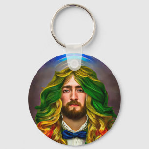 Rainbow Hair Man Of Love Fantasy surreal LGBTQ Art Key Ring