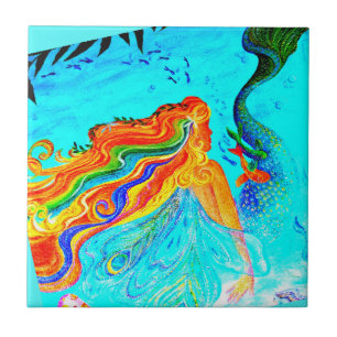 rainbow hair mermaid blue ceramic tile