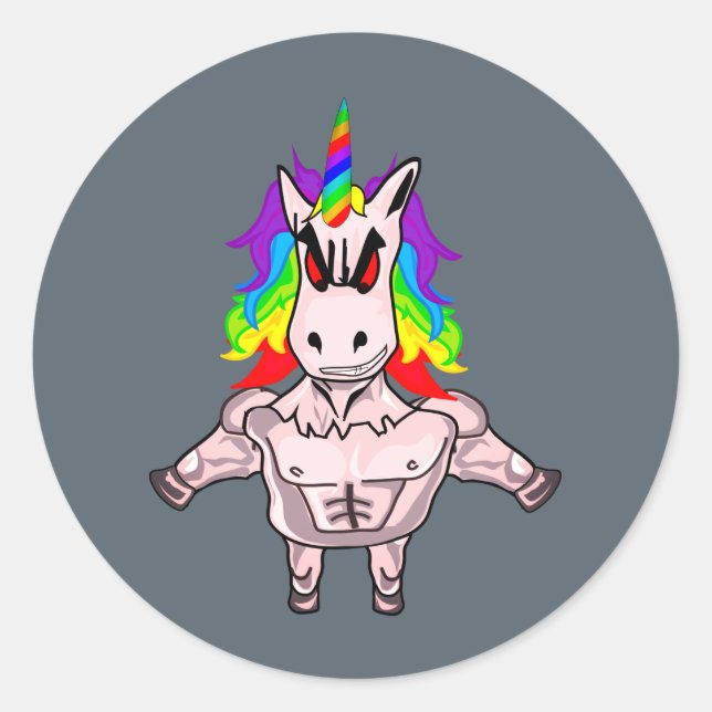 Rainbow Hair Muscular Unicorn Body Building Classic Round Sticker (Front)