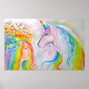 Rainbow haired girl and unicorn poster