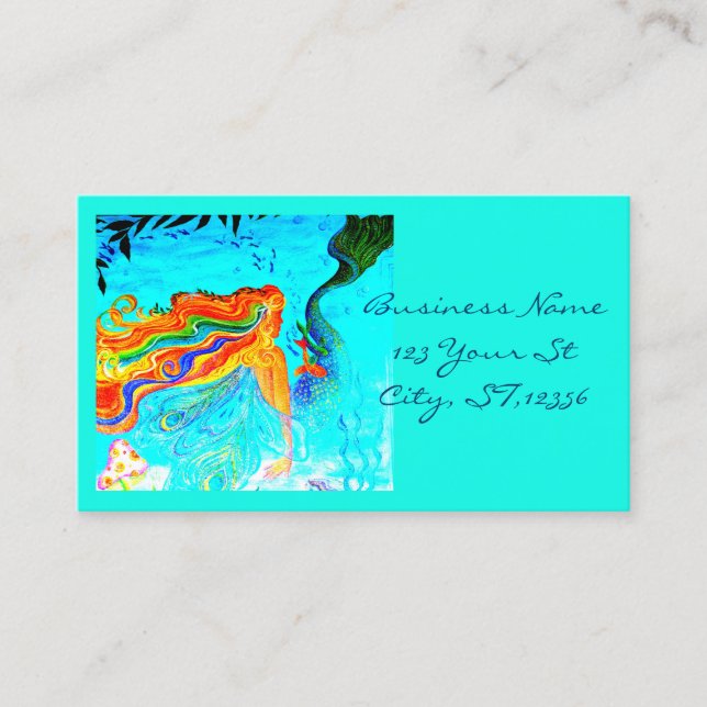 rainbow haired mermaid blue business card (Front)