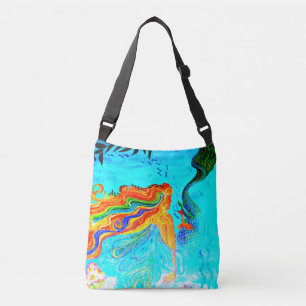 rainbow-haired mermaid blue crossbody bag
