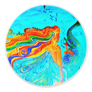 rainbow-haired mermaid ceramic knob