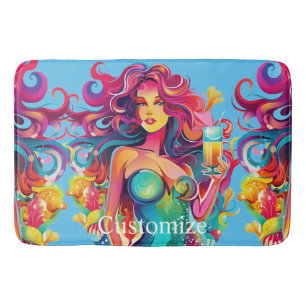 Rainbow-haired Mermaid With Cocktail Bath Mat